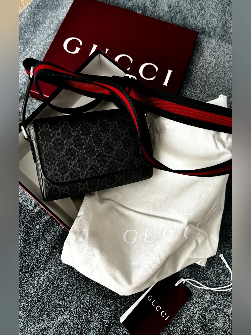 Gucci Black GG Supreme Crossbody with Red and Black Web Strap